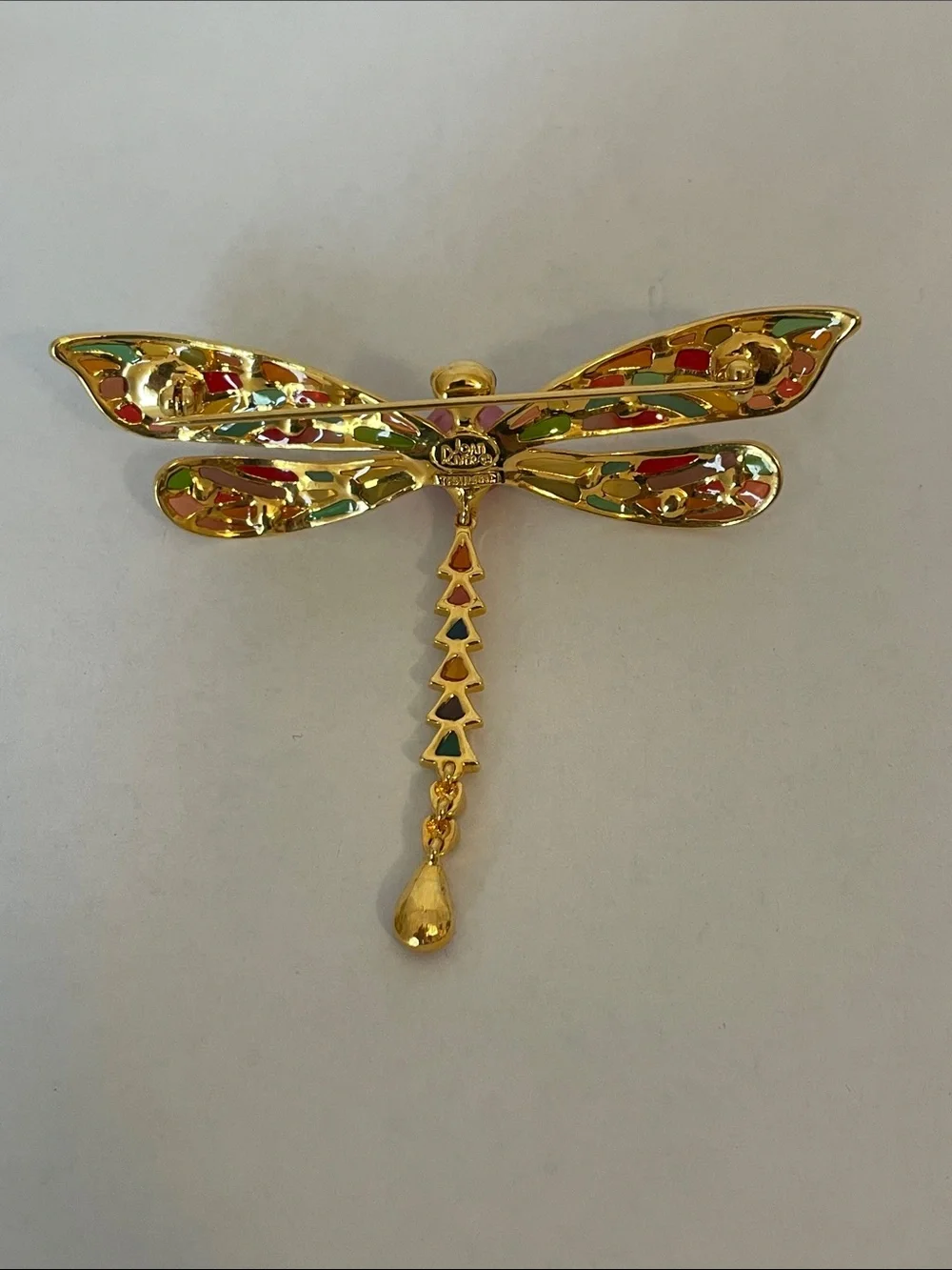Vintage Joan Rivers Dragonfly Brooch Stained Glass Cabochons Enamel Rhinestones